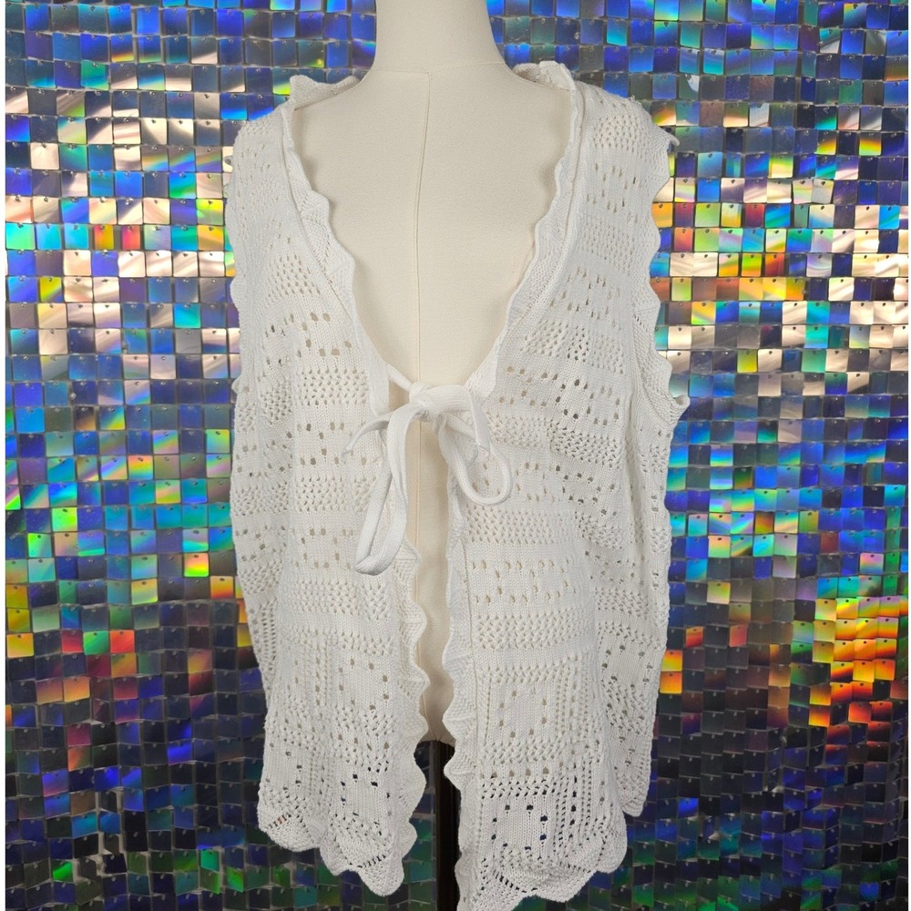 100% Cotton Crochet Tie Front Vest Women One Size White Excellent Pointelle Knit